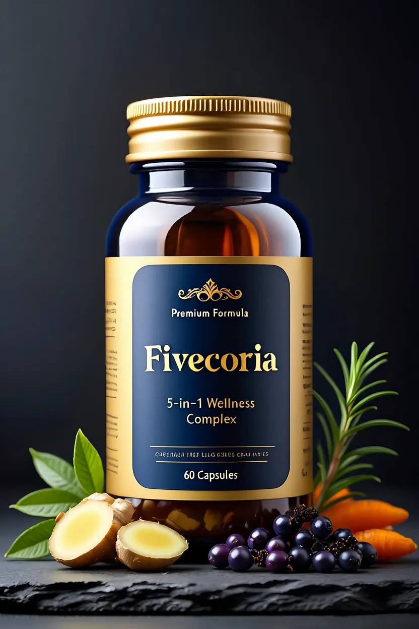Fivecoria 5-in-1 Wellness Complex packaging showing the premium bottle design with natural ingredient highlights